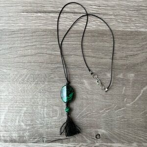 Green Pendant Tassel Necklace with Black Cord | Boho Handmade Jewelry